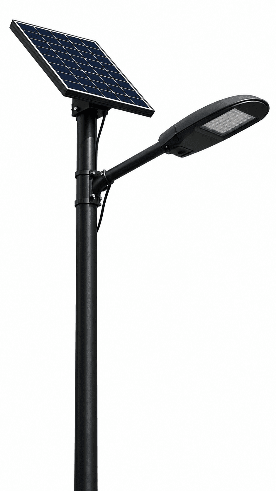 Pole-mounted solar street light with a tilted panel and LED luminaire