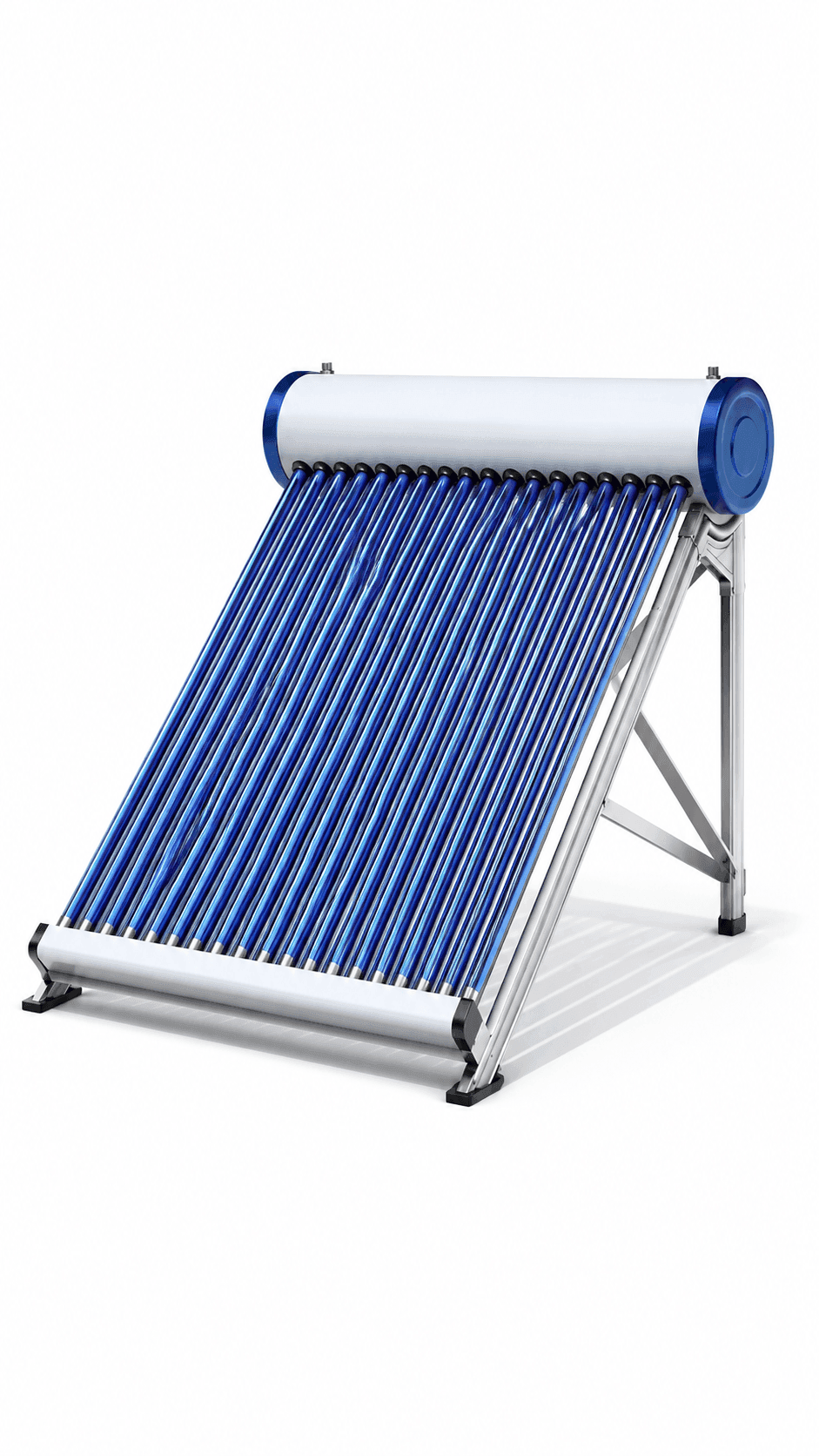 Evacuated tube solar water heater with an insulated storage tank on a stand